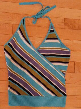 Cute Frenchie Striped Sweater Halter Top Backless Diagonal Colors Sz S